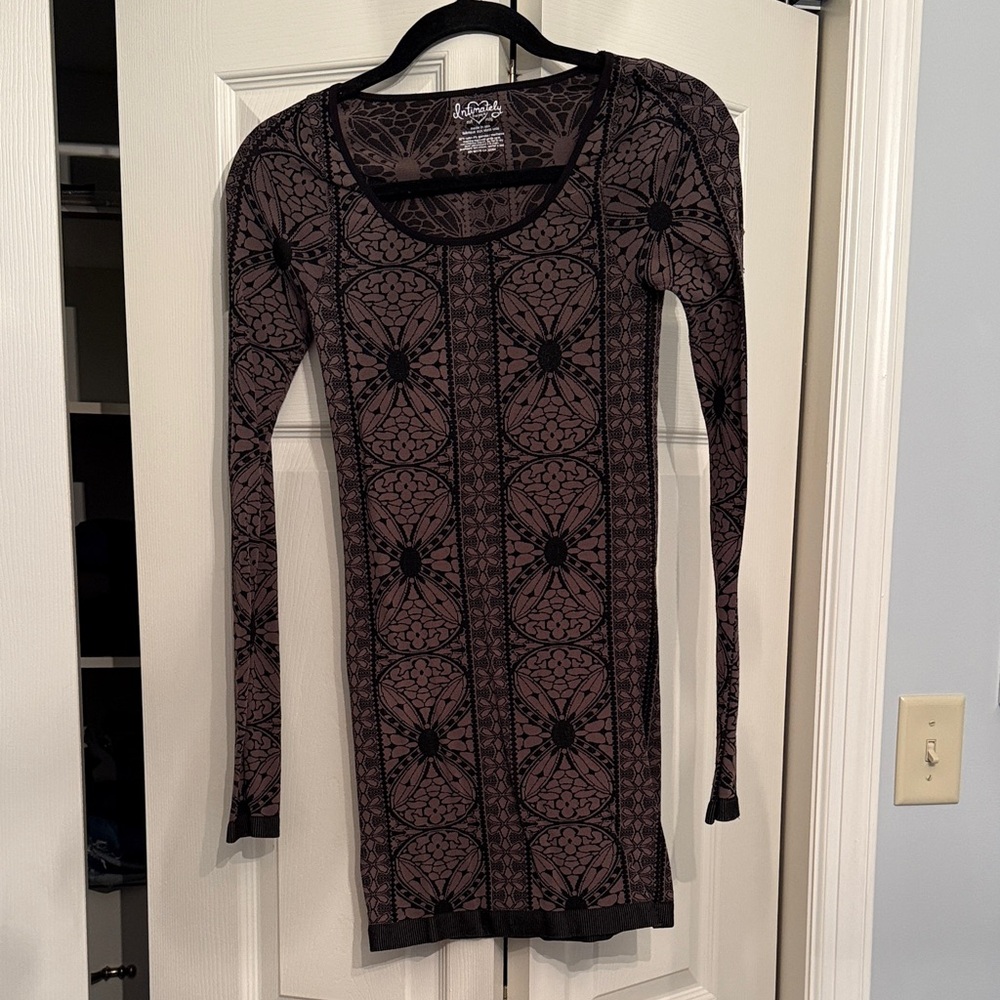Free People Taupe and Black Fitted Long Sleeve Patterned Dress; Sz m/l